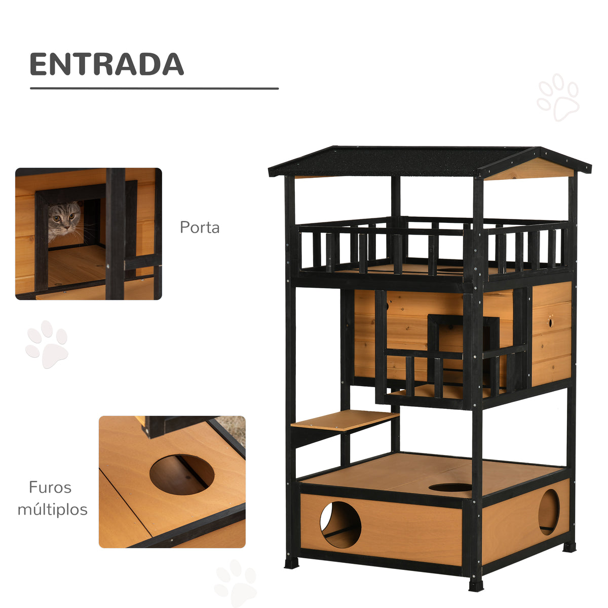 Casa para Gatos de Madeira 75,5x75x137 cm Abrigo para Gatos com Telhado Asfáltico Plataformas e Ninho para Interior e Exterior Natural — foto 5
