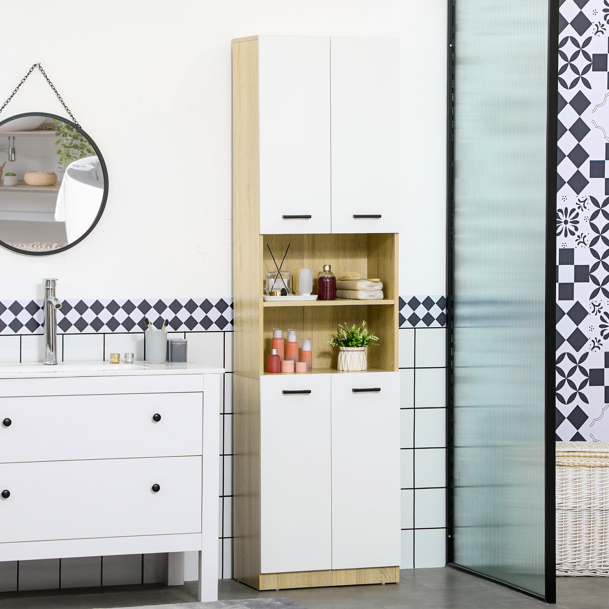 Coluna Casa de Banho Auxiliar Armário Alto Casa de Banho com 4 Portas 2 Prateleiras Abertas e Prateleiras Ajustáveis Estilo Moderno para Sala de Estar 53x33,5x195,7 cm Branco e Madeira — foto 2
