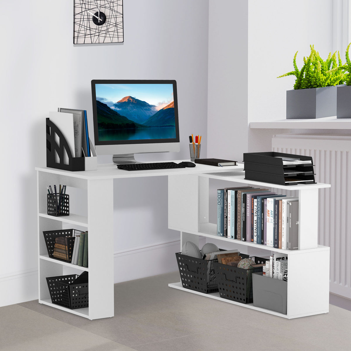 Secretária para Computador Mesa de Canto Rotação 360° Multiformes para Casa, Escola e Escritório 5 Prateleiras Estante Branca — foto 2