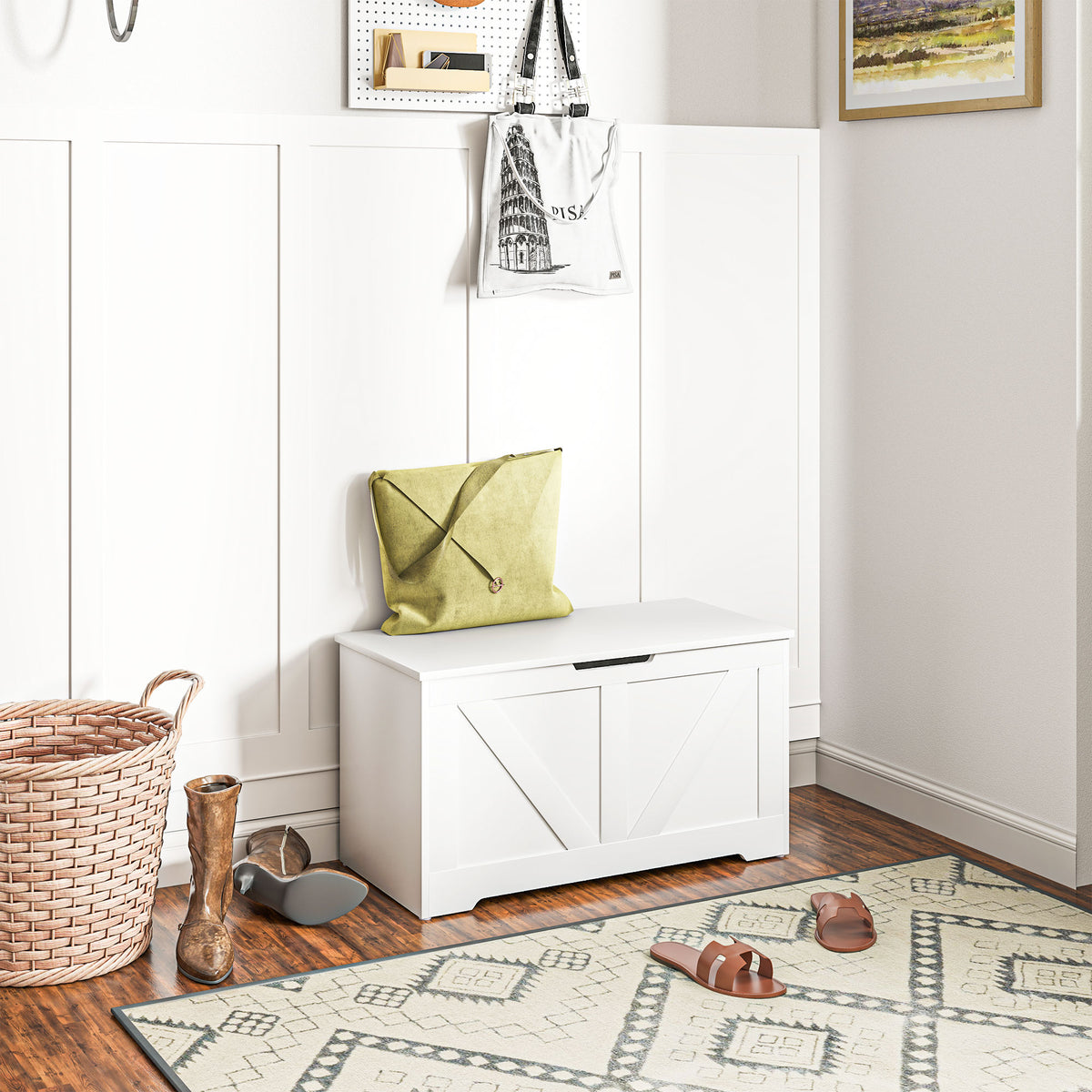 Baú de Armazenamento para Dormitório 100L Baú de Arrumação com Tampa Banco de Armazenagem Versátil com Dobradiça de Segurança para Corredor Sala de Estar 80x40x45 cm Branco — foto 2