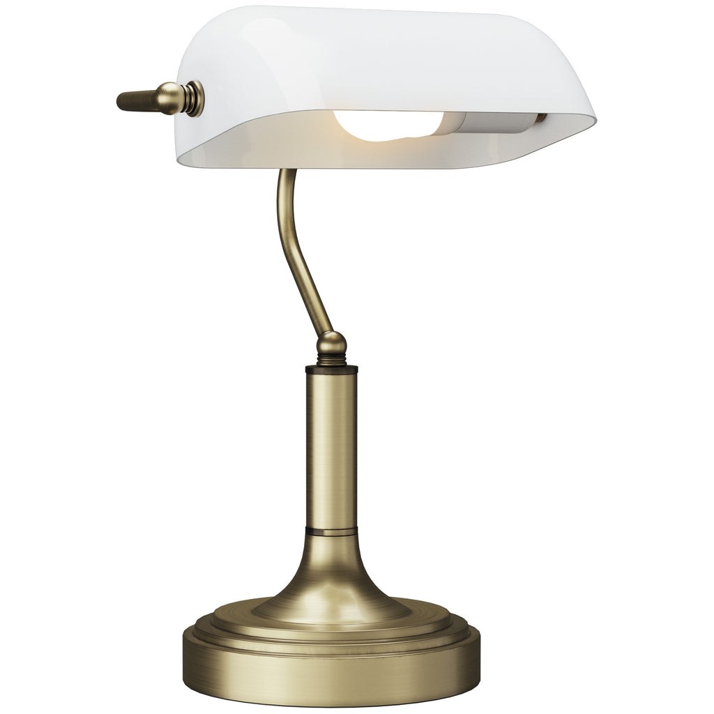 Candeeiro de Mesa Banqueiro Candeeiro de Mesa Vintage E27 com Ecrã Orientável a 45° Interruptor Basculante para Casa Escritório Biblioteca 26,8x22x39,5 cm Branco — foto 1
