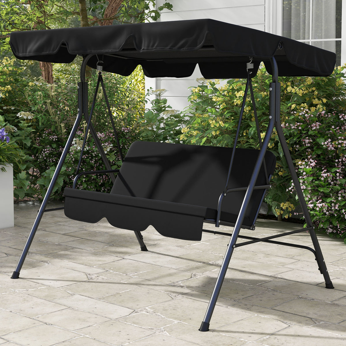 Baloiço de Jardim de 3 Lugares com Almofada Toldo Ajustável e Estrutura de Aço para Balcão Terraço Patio Carga Máx. 200 kg 172x110x153 cm Preto — foto 2