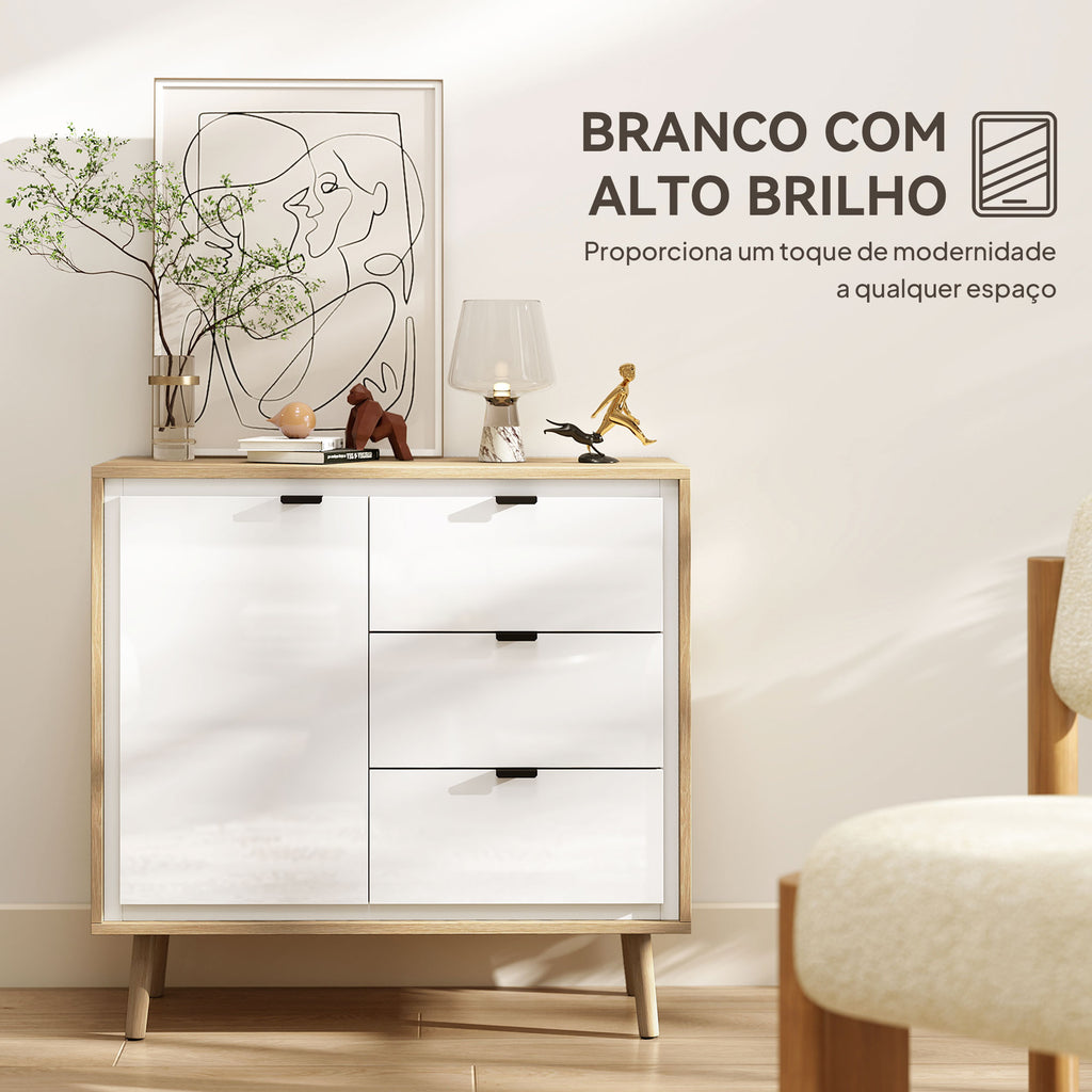 Aparador de Sala Moderno com 3 Gavetas Prateleira Ajustável e Pés em Madeira para Cozinha Entrada Quarto 80x35x77 cm Branco Brilhante e Carvalho — foto 4