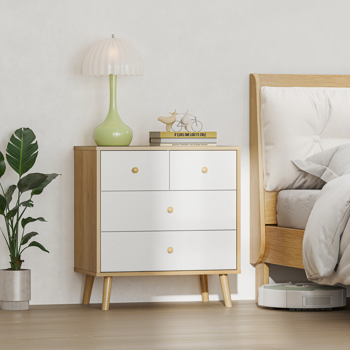 Cômoda de 4 Gavetas Cómoda para Quarto com Puxadores de Madeira Cómoda Estreita para Sala Corredor 60x35x65 cm Madeira e Branco — foto 2