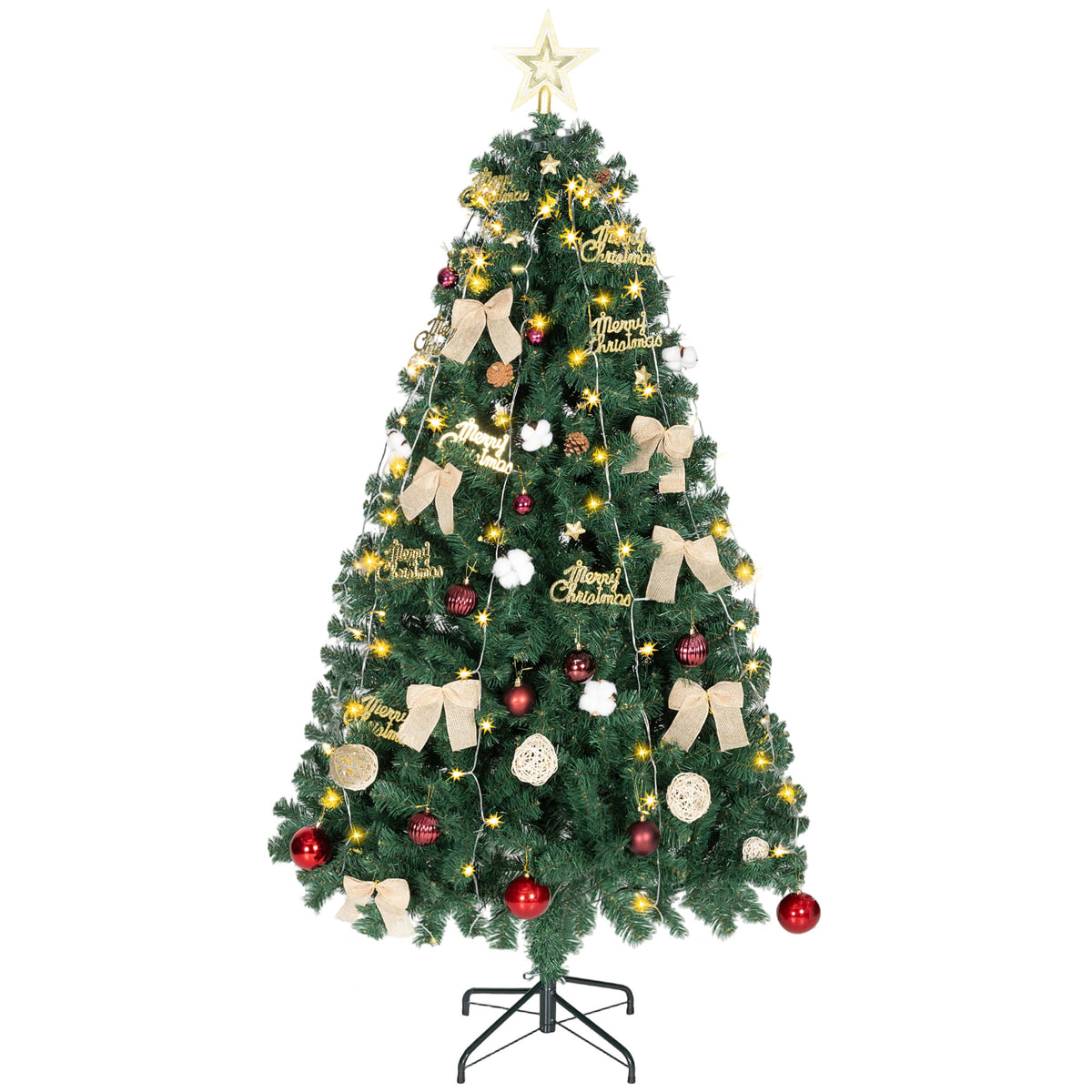Árvore de Natal de 180 cm com Decorações 200 Luzes LED Branco Quente Árvore de Natal Decorada com 8 Modos de Iluminação 650 Ramos Suporte de Aço Decoração para Casa Festa Interior Verde — foto 1