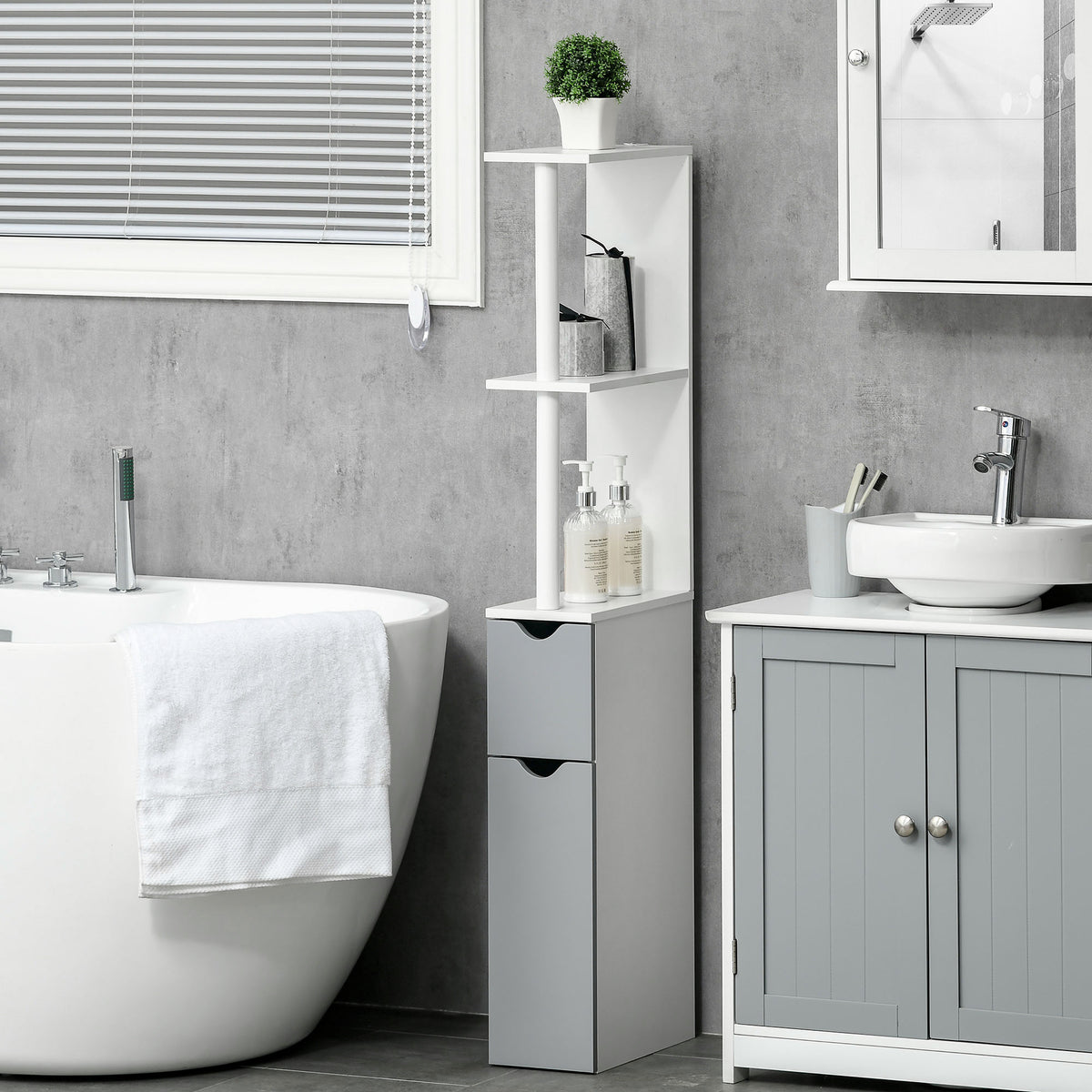 Coluna Casa de Banho com 2 Portas e 2 Prateleiras Abertas Coluna Auxiliar para Casa de Banho Sala de Estar Dormitório Estilo Moderno 15,2x29,8x118cm Branco e Cinza — foto 2