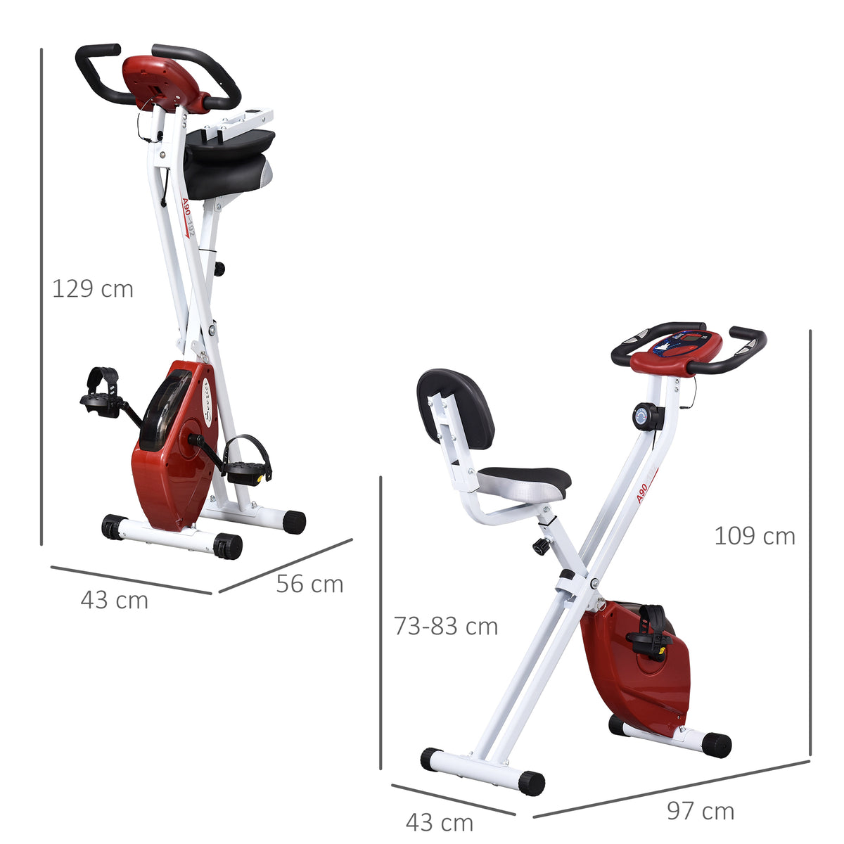 Bicicleta ergométrica profissional Formato X dobrável vertical com 8 níveis Banco de resistência magnética com altura ajustável Aço 43x97x109 cm Vermelho — foto 3