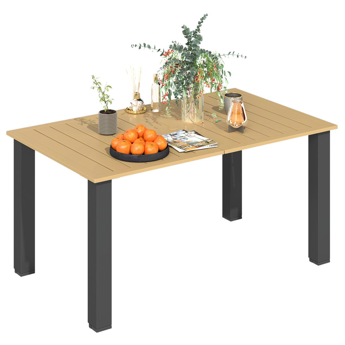 Mesa de Jardim Retangular Mesa de Exterior 150x90x73 cm com Pés de Aço Orifício para Chapéu de Sol e Desenho em Ripas Capacidade de Carga de 70 kg para Pátio Marrom Claro — foto 1