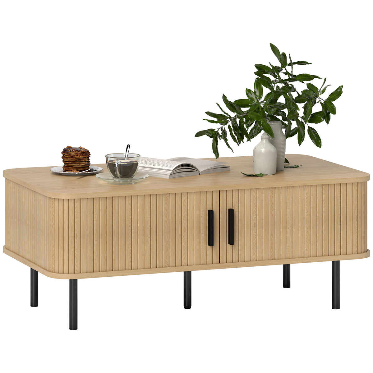 Mesa de Centro Mesa de Centro para Sala de Estar Mesa Auxiliar com 2 Portas de Correr 2 Compartimentos e Pés de Aço para Sala de Estar Quarto 100x55x40 cm Carvalho — foto 1