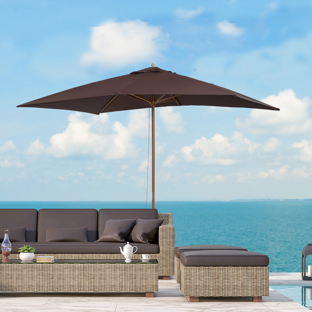 Chapéu de Sol de Jardim com Sistema de Polia Teto Ventilado e Mastro de Madeira para Terraço Pátio Exterior 2,95x2x2,55m Café — foto 2