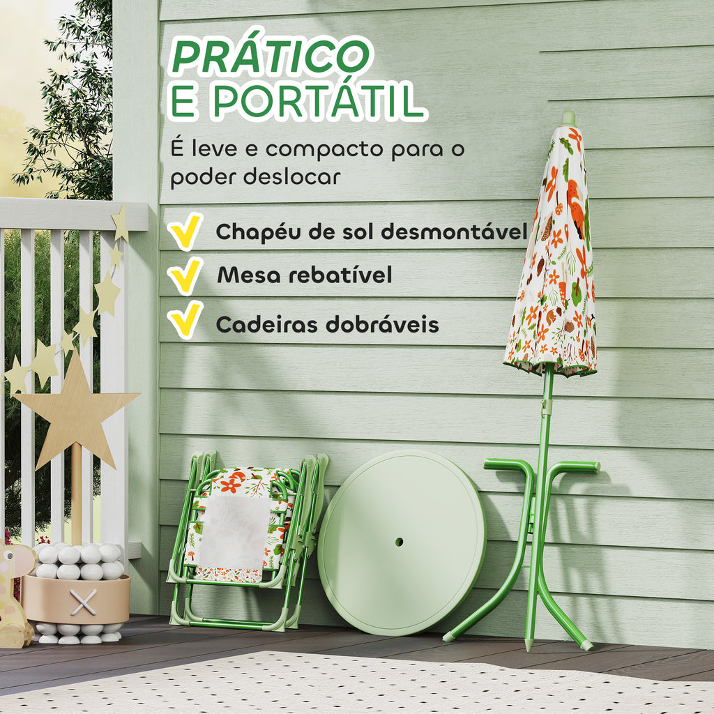 Conjunto de Mesa e Cadeiras para Crianças de Jardim Mesa Infantil com Cadeiras Dobráveis Chapéu de Sol Ajustável e Desenho de Raposas para Pátio Piquenique Verde — foto 6