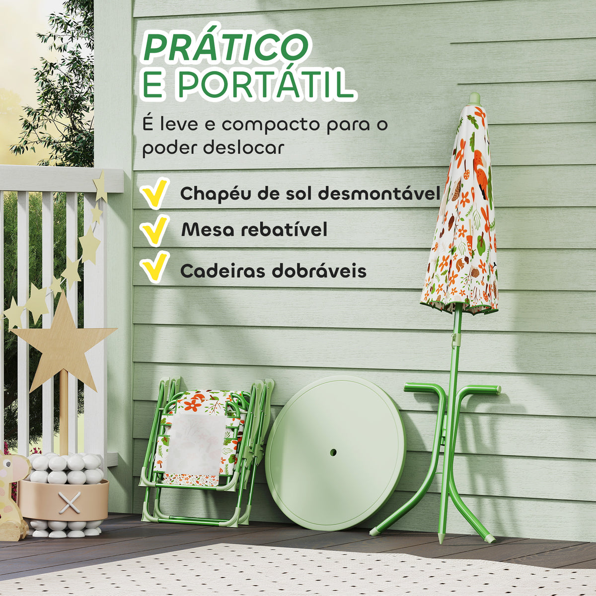Conjunto de Mesa e Cadeiras para Crianças de Jardim Mesa Infantil com Cadeiras Dobráveis Chapéu de Sol Ajustável e Desenho de Raposas para Pátio Piquenique Verde — foto 6