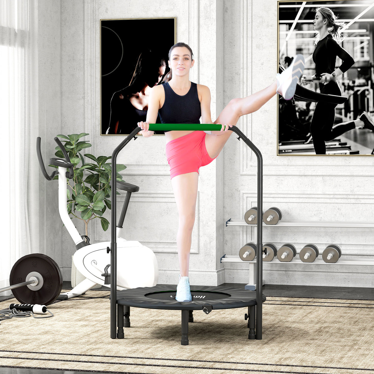 Trampolim Fitness Ø102 Trampolim Dobrável com Pega Ajustável em 4 Níveis Estrutura de Aço para Treino de Pernas Corpo em Casa Escritório Ginásio Verde — foto 2