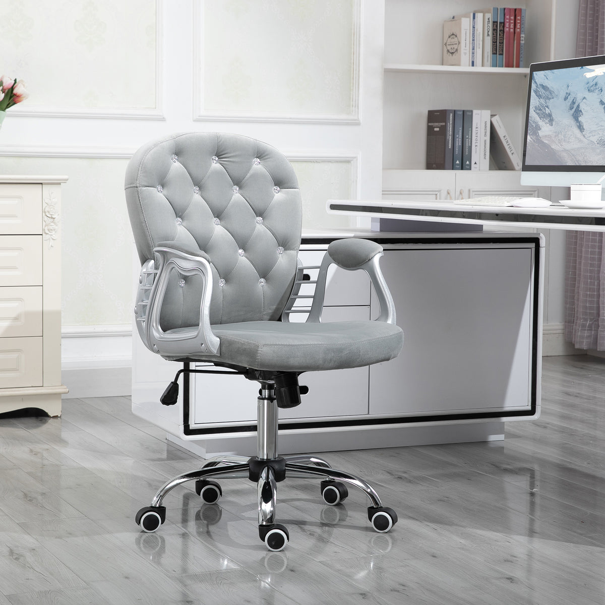 Cadeira de Escritório Estofada em Veludo Cadeira Giratória com Altura Ajustável Apoio para os Braços e Decorações de Cristal Carga 120 kg Cadeira para Estudio Dormitório 59,5x60,5x95-105 cm Cinzenta — foto 2