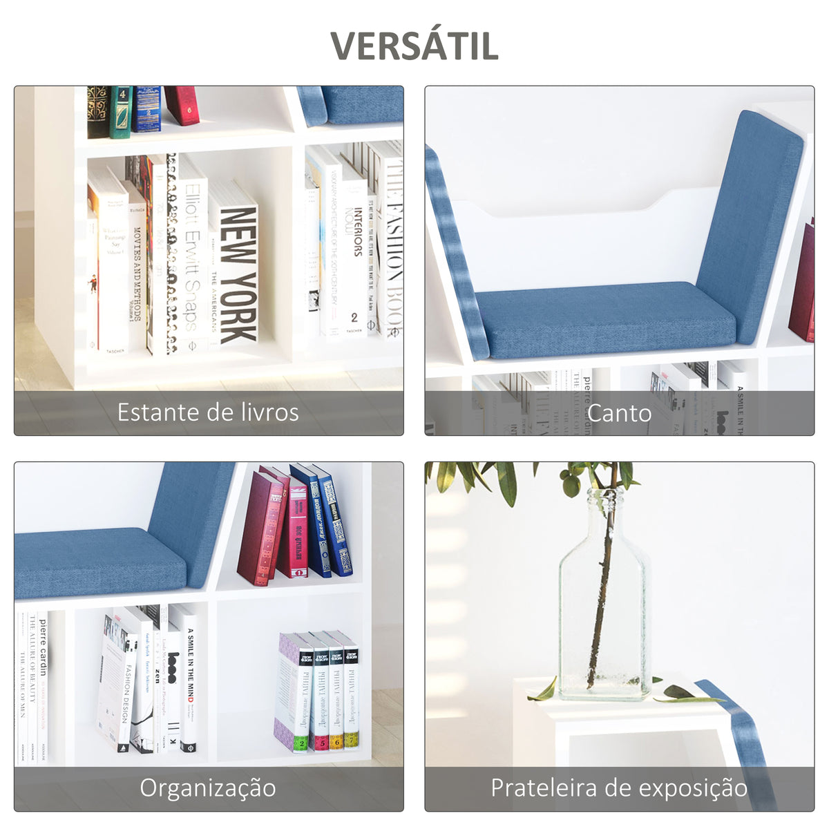 Estante para Livros com Banco Integrado e 6 Cubos Estante Infantil com Assento 102x30x61 cm Branco e Azul — foto 5