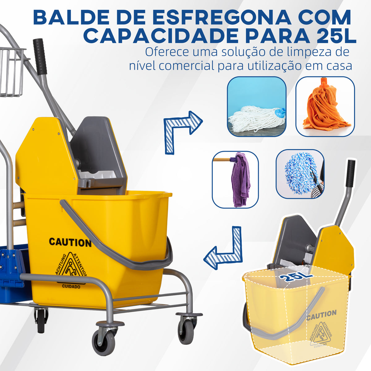 Carro de Limpeza Profissional Balde de Esfregona com Rodas Balde Removível de 25 Litros Espremedor de Pressão Cesto e Cubeta 72x49,5x95 cm Amarelo — foto 5