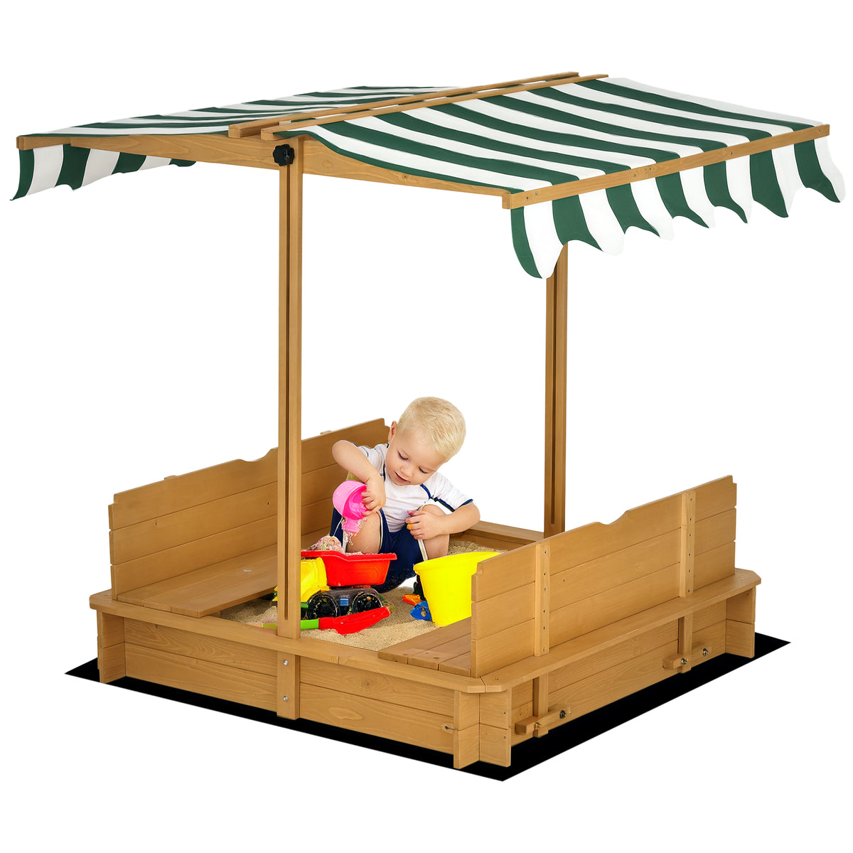 Caixa de Areia para Crianças de Madeira Caixa de Areia Infantil com Toldo Ajustável em Altura 2 Bancos e Encostos Removíveis para Pátio Jardim 106x106x121 cm Natural — foto 1