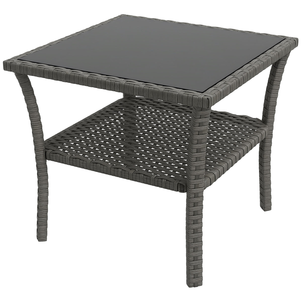 Mesa de Vime Quadrada 50x50x45 cm Mesa de Jardim e Prateleira Tampo de Vidro e Estrutura de Aço Suporta 30 kg para Terraço Pátio Cinzento — foto 1