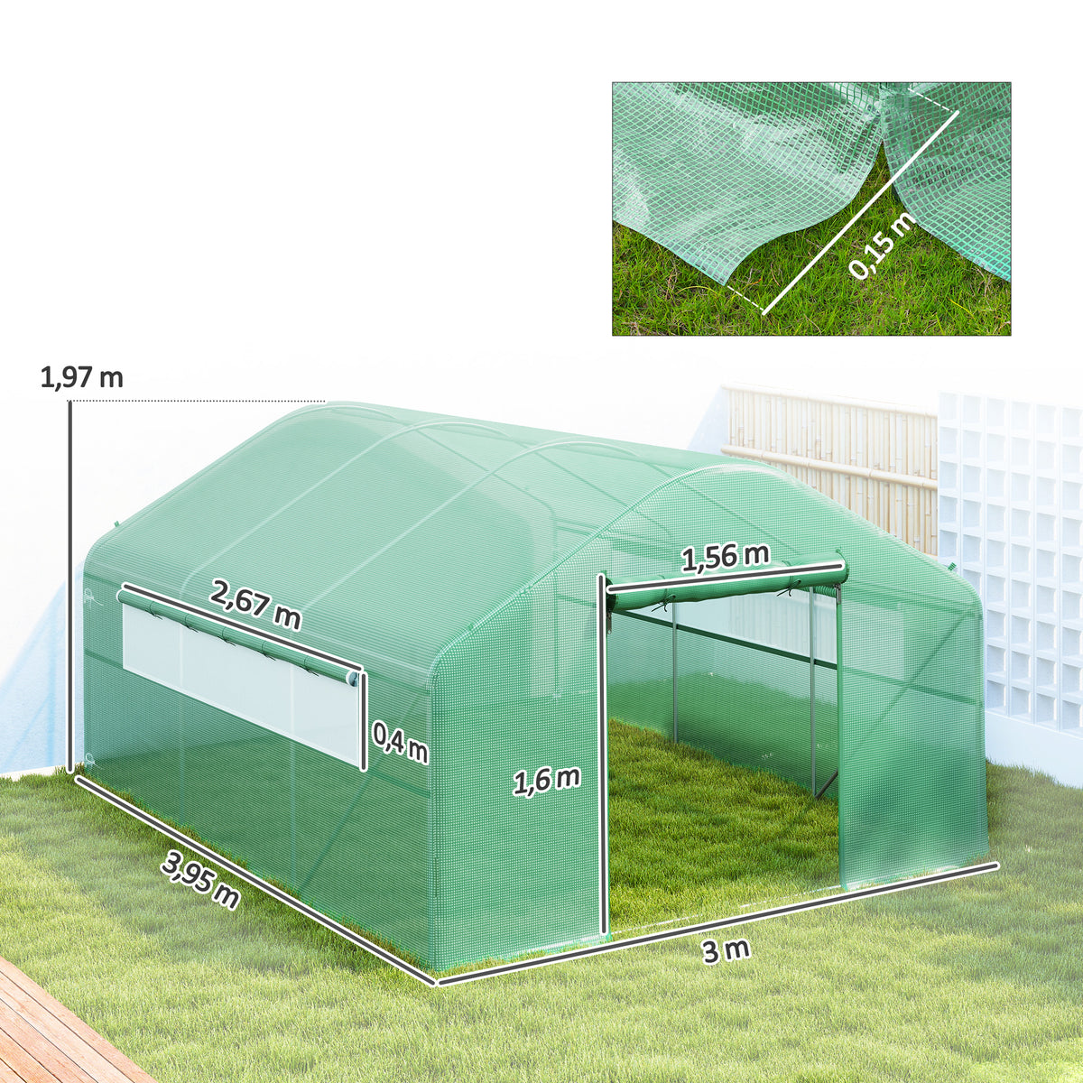 Estufa tipo Túnel 4x3x2 m Estufa de Exterior com 2 Janelas Cobertura PE Anti UV e 1 Porta de Enrolar com Fecho de Correr Estufa para Jardim Pátio Verde — foto 3