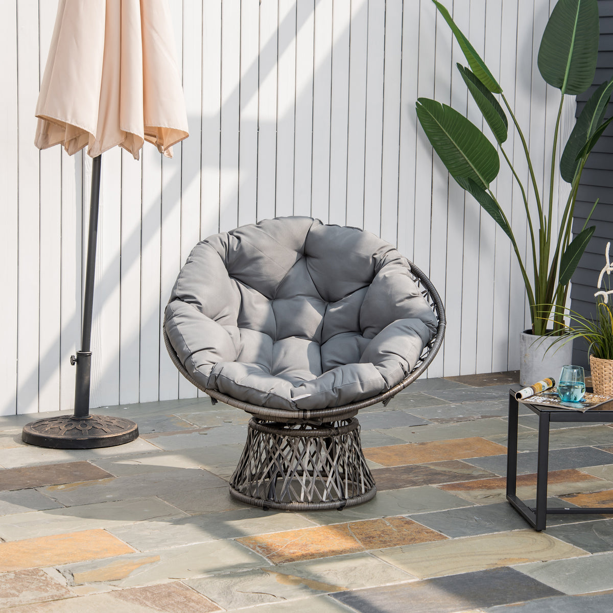 Poltrona Papasan Giratória de Vime Sintético Poltrona de Vime PE com Almofada e Estrutura de Aço Carga 160 kg para Jardim Terraço Pátio 87x97x90 cm Cinza — foto 2