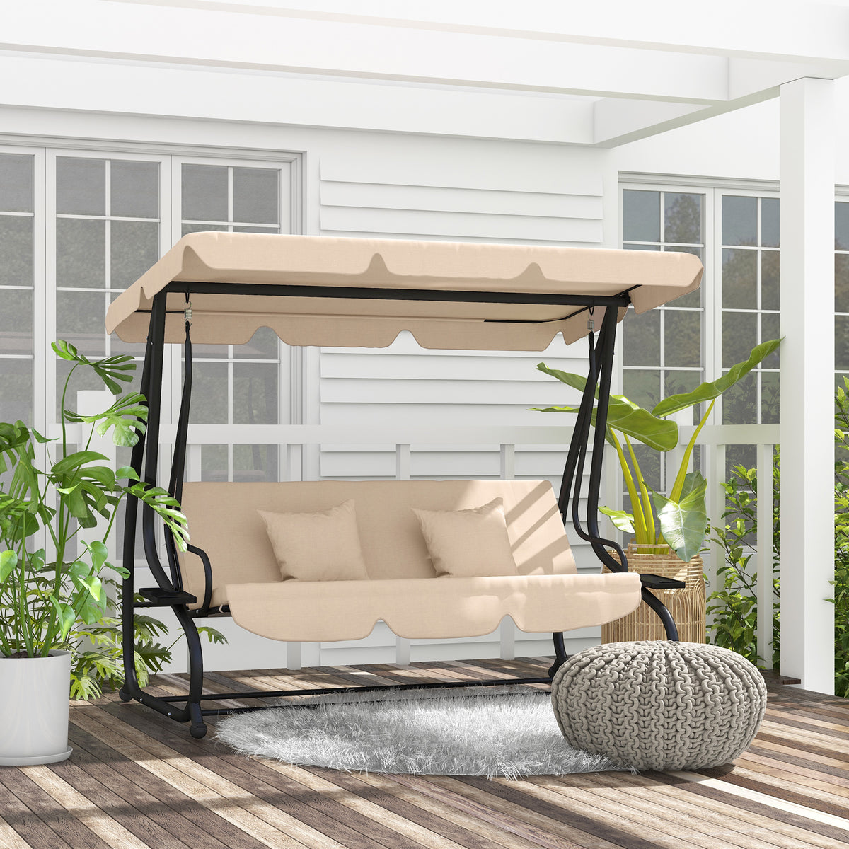 Banco Baloiço de Jardim Baloiço de Exterior com 3 Lugares 2 em 1 Banco Baloiço com Toldo Ajustável Bandejas Laterais e Almofadas para Varanda Pátio Carga 340 kg 200x120x164 cm Bege — foto 2