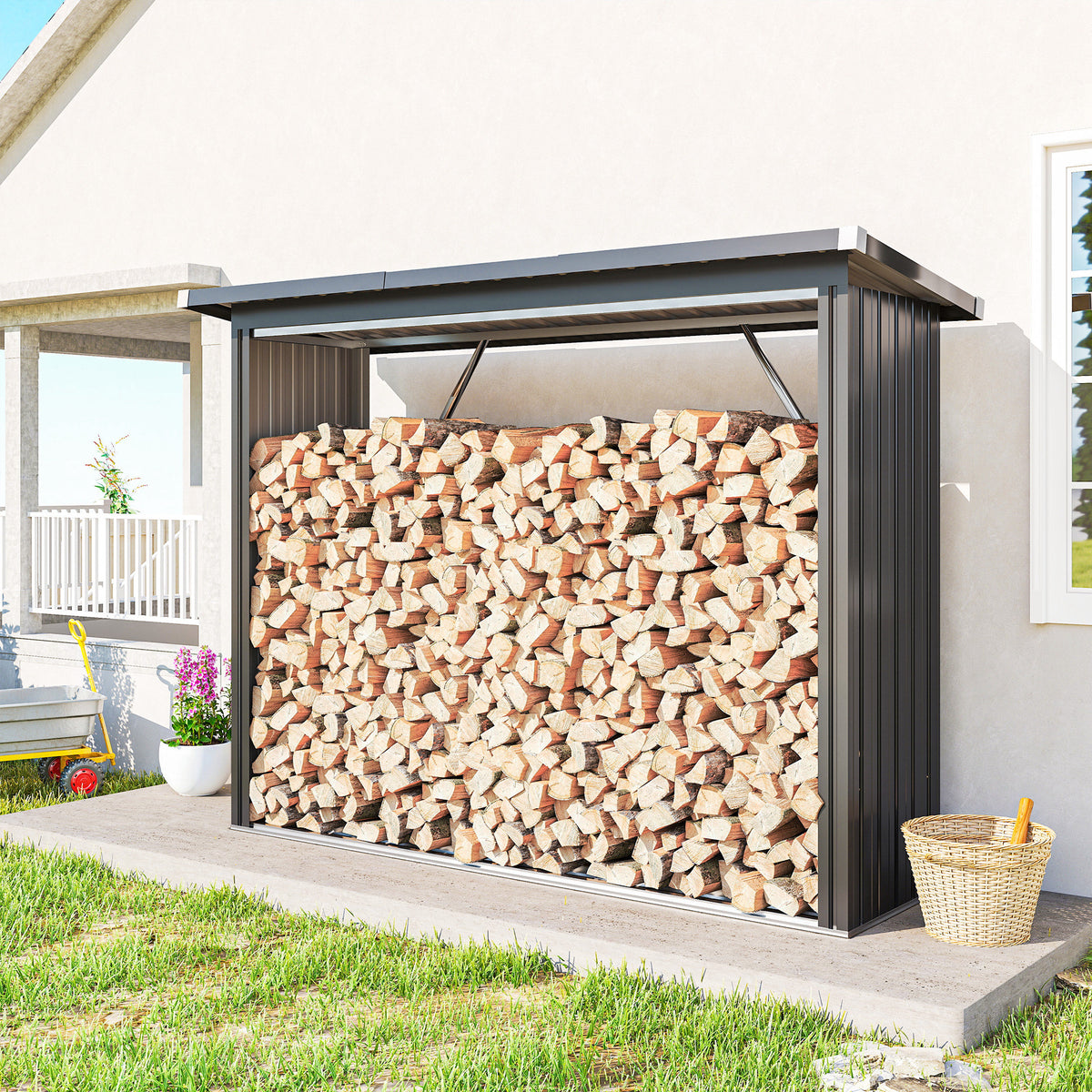 Abrigo para Lenha de Aço Galvanizado Abrigo para Lenha de Exterior Armazenamento de Troncos com Base Elevada e Teto Inclinado 213x66,5x150 cm Cinzento Escuro — foto 2