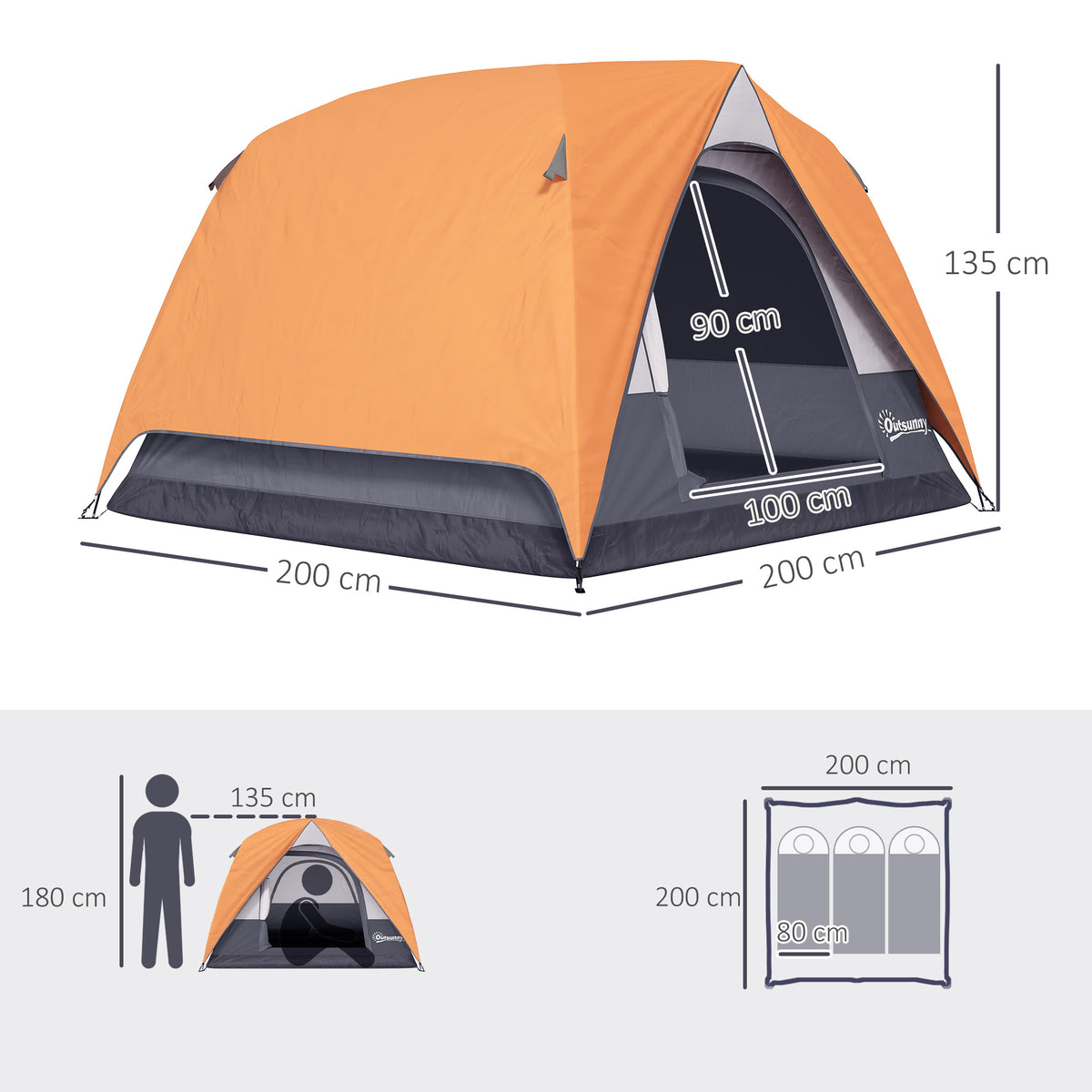 Tenda de Campismo para 2-3 Pessoas Tenda de Campismo Dobrável com Porta Janelas de Malha Bolsa Gancho e Bolsa de Transporte Impermeável Fácil Instalação para Caminhadas 200x200x135 cm Laranja e Cinza — foto 3