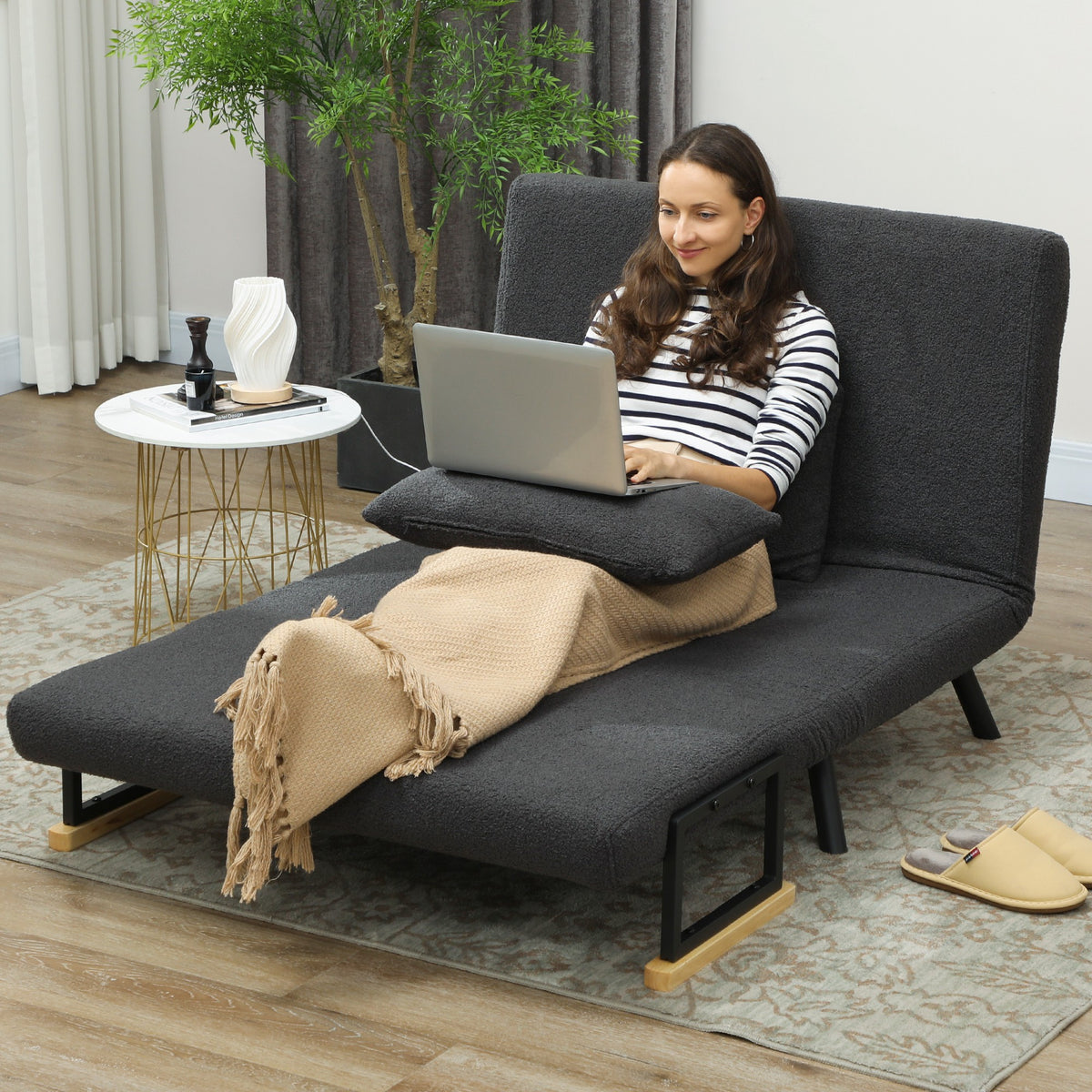 Sofá Cama Sofá Convertível em Cama de 2 Lugares Dobrável com Encosto Ajustável em 5 Níveis e 2 Almofadas Acolchoadas para Escritório Dormitório Sala de Estar 102x73x81 cm Cinza - Modelo 2 — foto 7