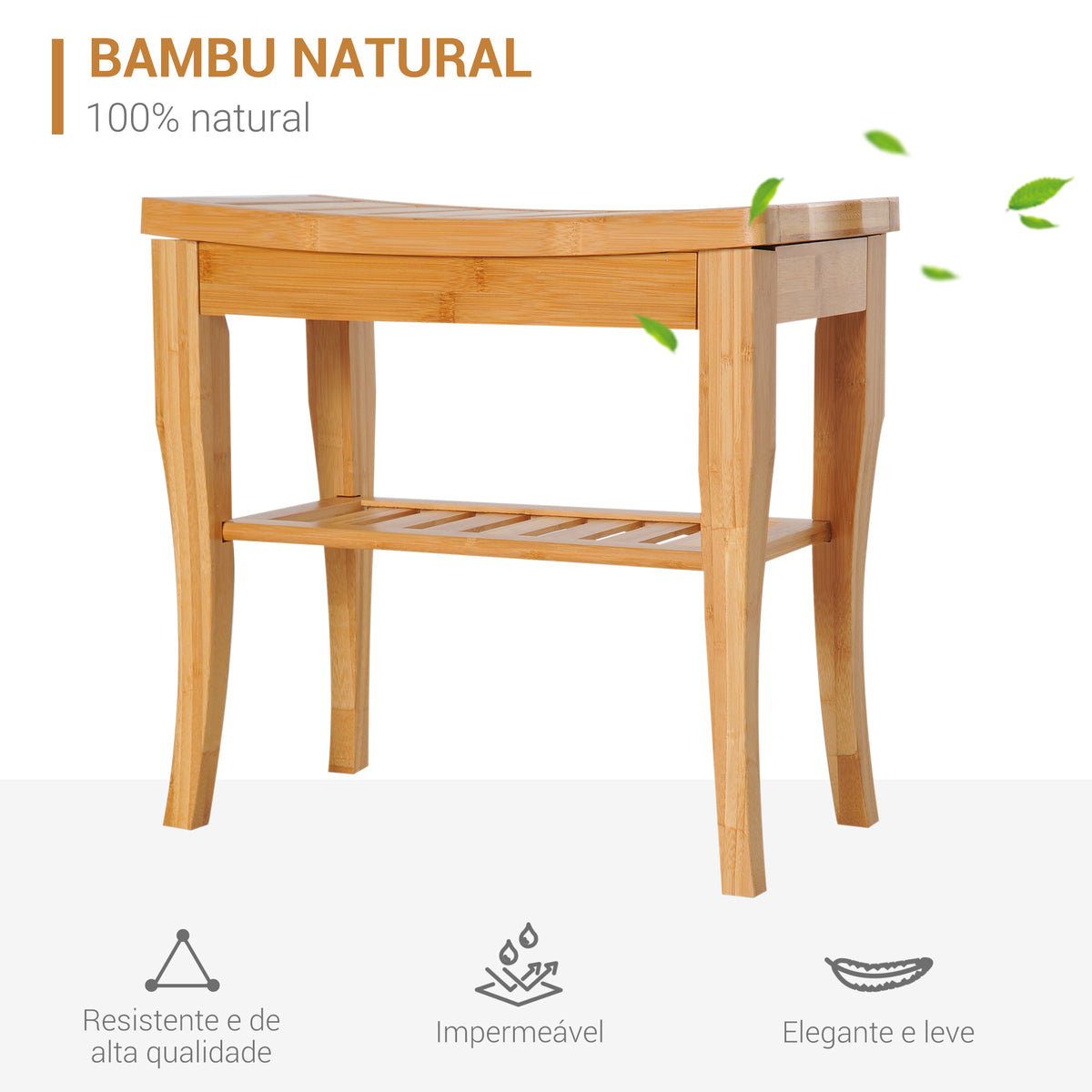 Banco para Casa de Banho de Bambu com Prateleira de Arrumação Banco de Banho Antiderrapante Impermeável e Resistente Banco de Duche para Casa Sala Quarto SPA 47,5x26x44,5 cm Madeira — foto 4