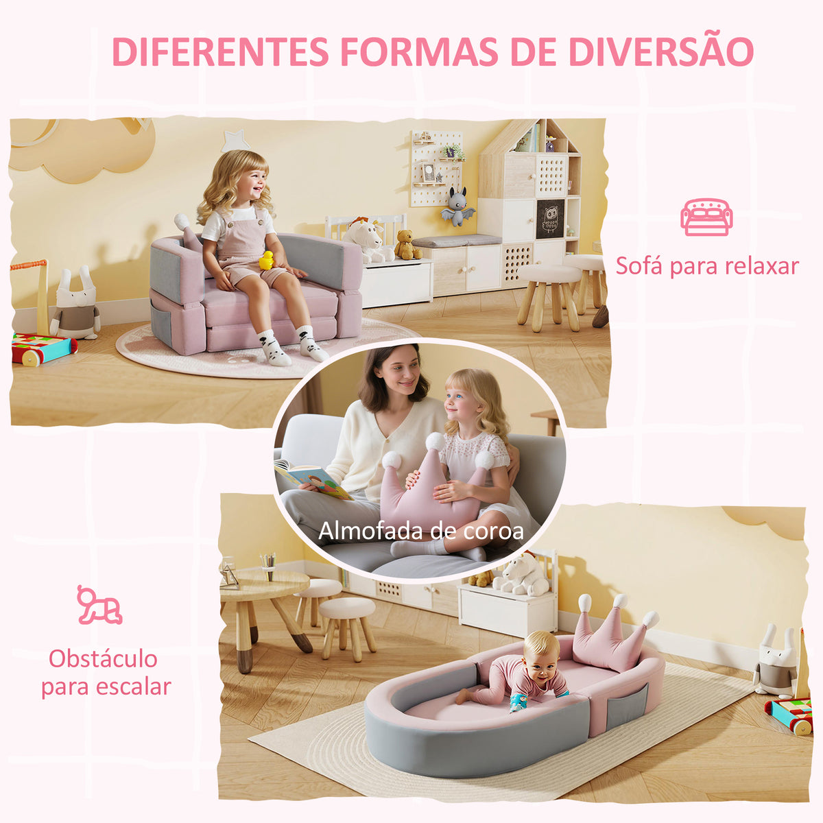 Sofá Infantil Convertível Sofá para Crianças com Almofada em Forma de Coroa Dobrável em Cama e Zona de Brincadeiras Estofado em Veludo Suave para Crianças dos 18 aos 36 Meses Rosa e Azul Acinzentado — foto 4