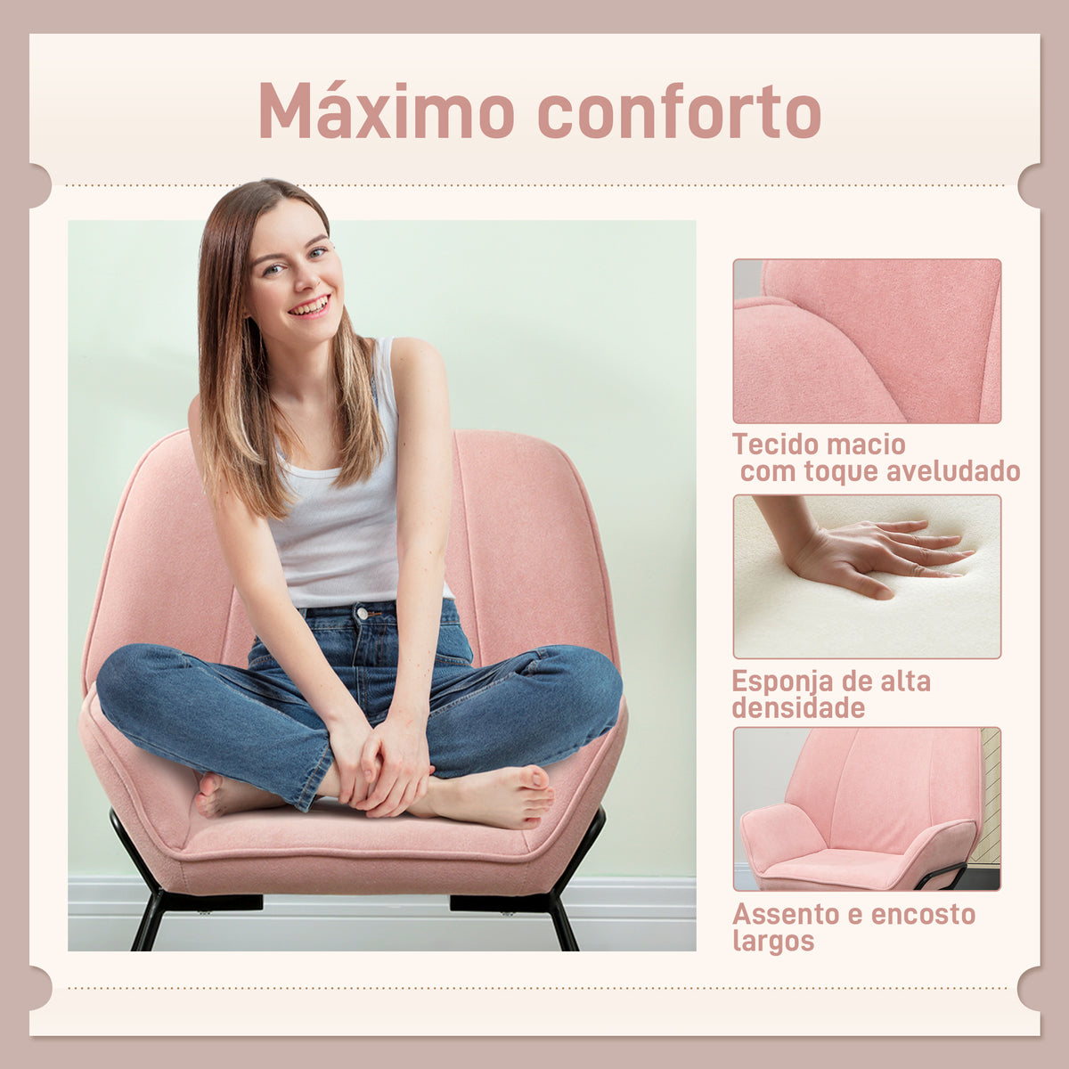 Poltrona Sala de Estar Moderna Poltrona de Leitura com Assento Largo e Acolchoado Estofada em Veludo Pés de Metal Poltrona para Dormitório 70x67,5x87 cm Rosa — foto 4