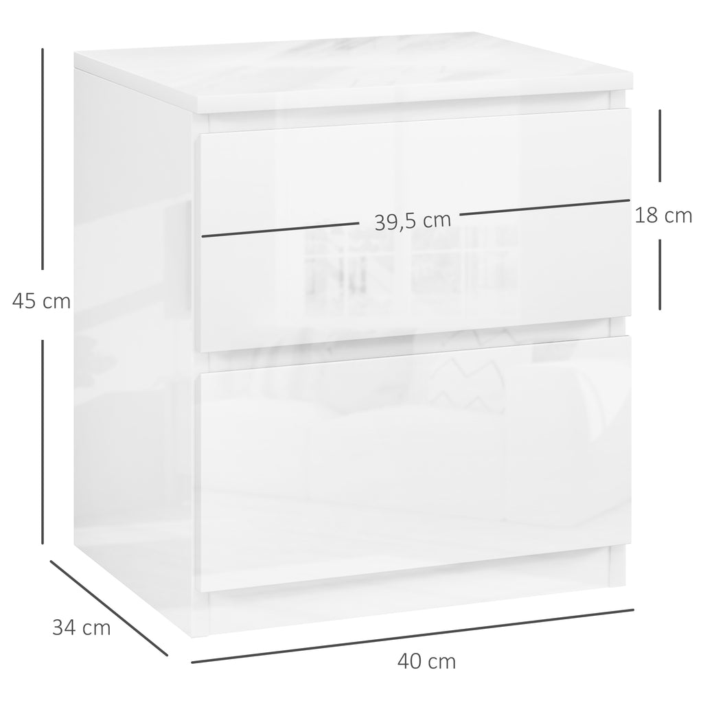 Mesa de Cabeceira Moderna Mesa de Cabeceira com 2 Gavetas Mesa de Cabeceira para Dormitório 40x34x45 cm Branco Brilhante — foto 3