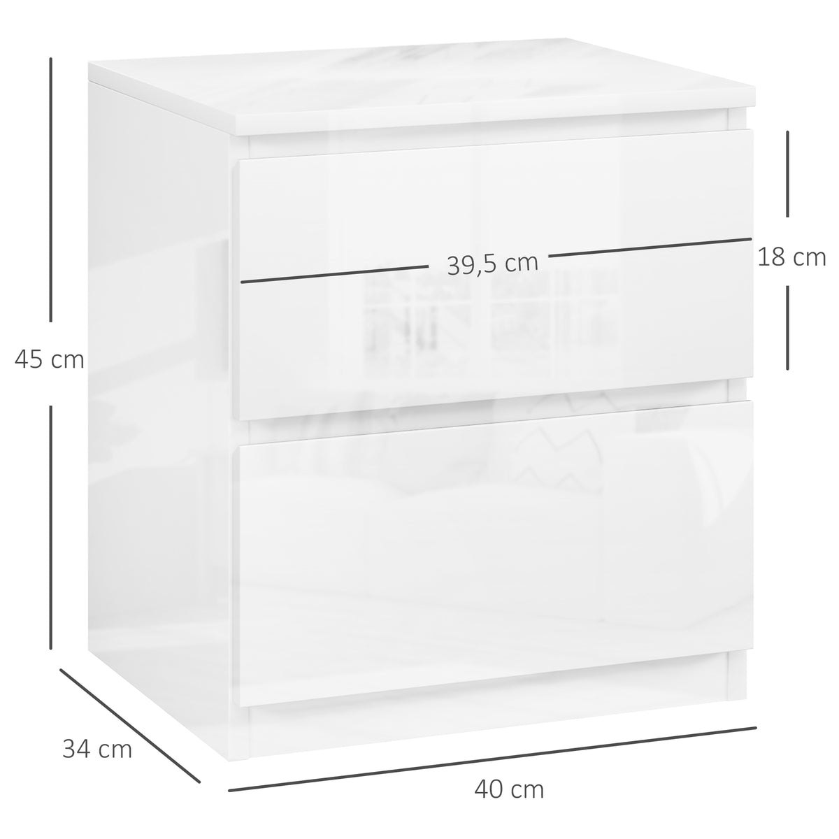 Mesa de Cabeceira Moderna Mesa de Cabeceira com 2 Gavetas Mesa de Cabeceira para Dormitório 40x34x45 cm Branco Brilhante — foto 3
