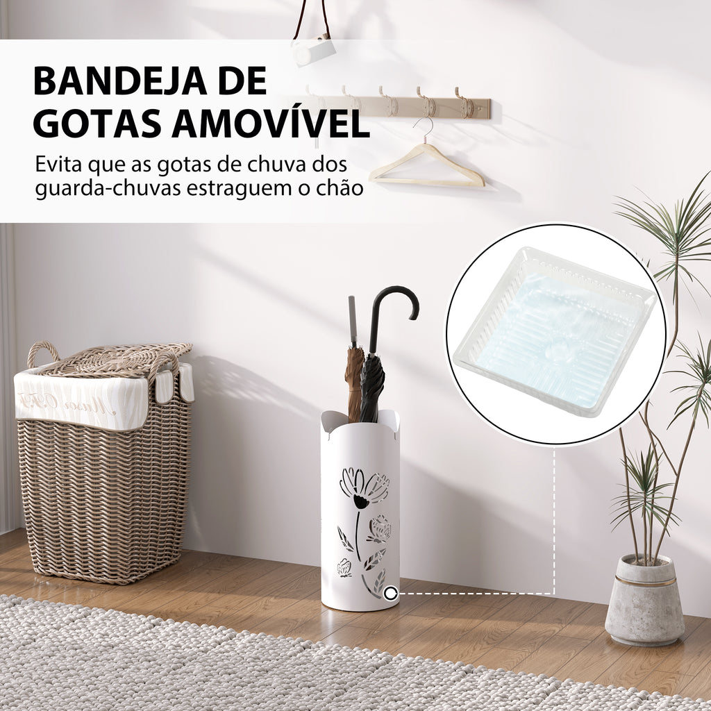 Suporte para Guarda Chuva em Aço com 4 Ganchos Bandeja de Gotejamento Amovível Suporte de Guarda Chuvas Branco para Entrada ou Escritório 17x17x41 cm — foto 4