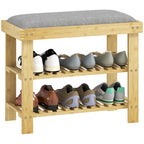 Banco Sapateira de Bambu Sapateira com Assento Almofadado 2 Prateleiras para 6 Pares de Sapatos para Entrada Dormitório 60x29x49 cm Madeira e Cinzento — foto 1