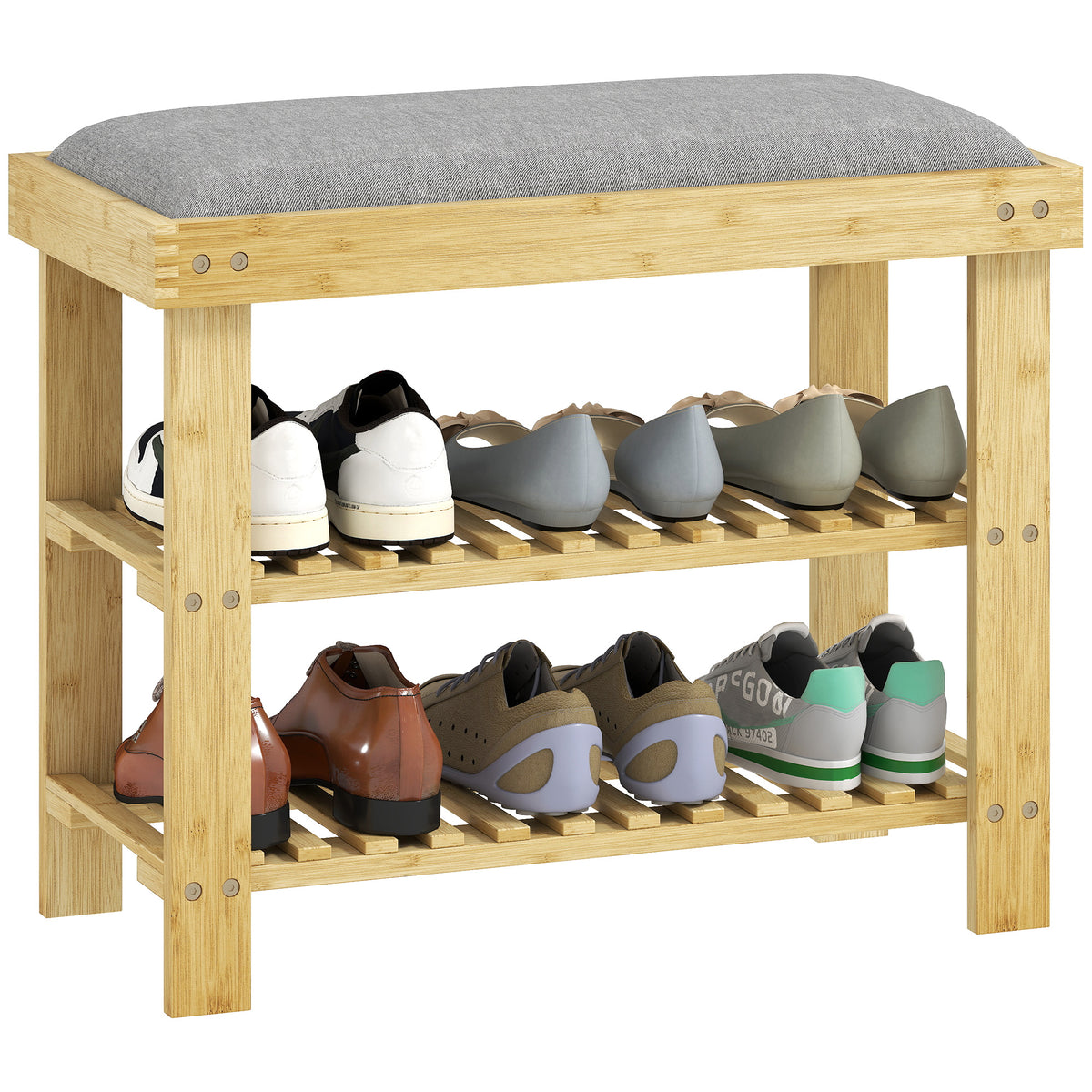 Banco Sapateira de Bambu Sapateira com Assento Almofadado 2 Prateleiras para 6 Pares de Sapatos para Entrada Dormitório 60x29x49 cm Madeira e Cinzento — foto 1