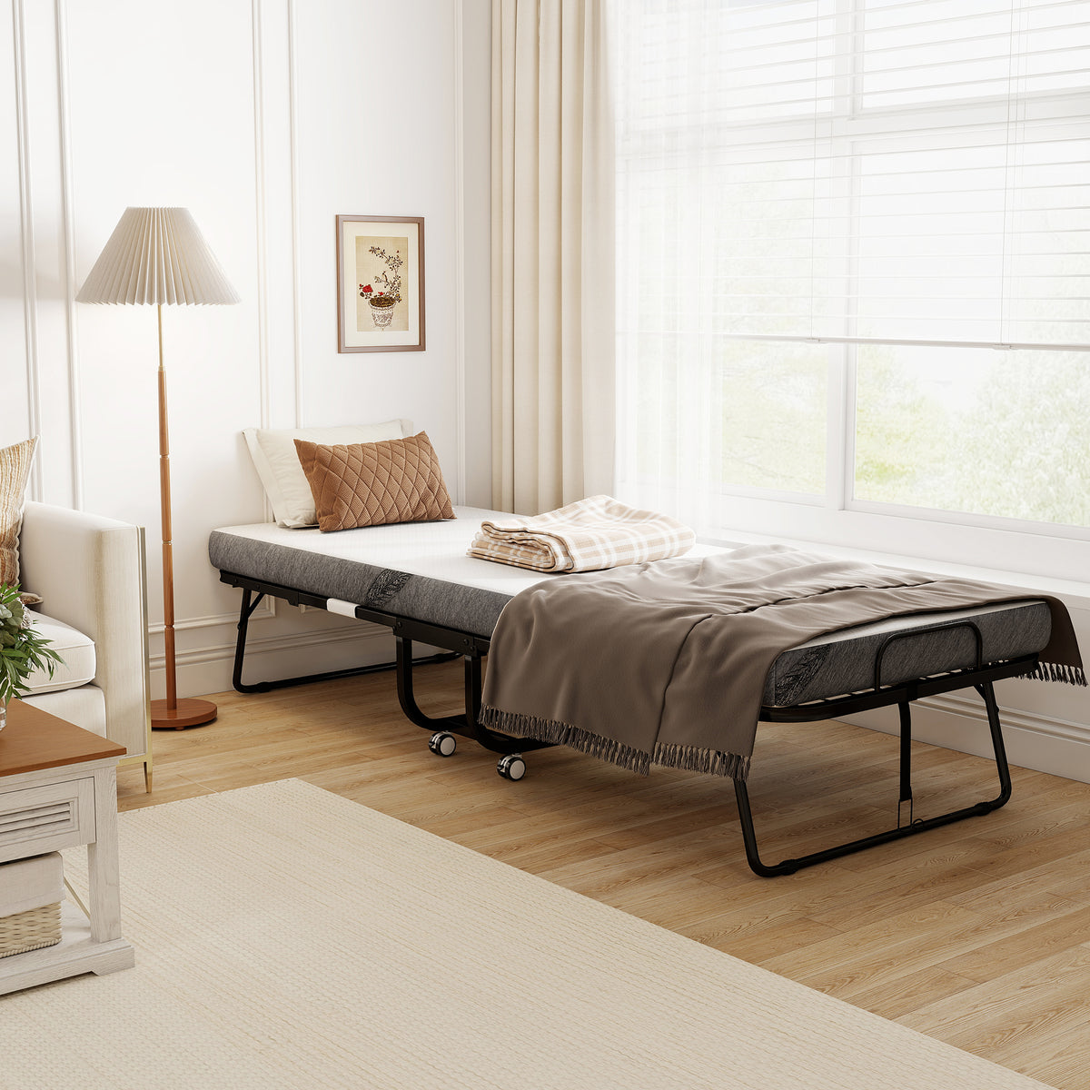 Cama Dobrável 200x75x42,5cm Cama de Campismo Portátil com Colchão Individual Rodas e Freios Carga Máxima 150kg para Dormitórios Branco — foto 2