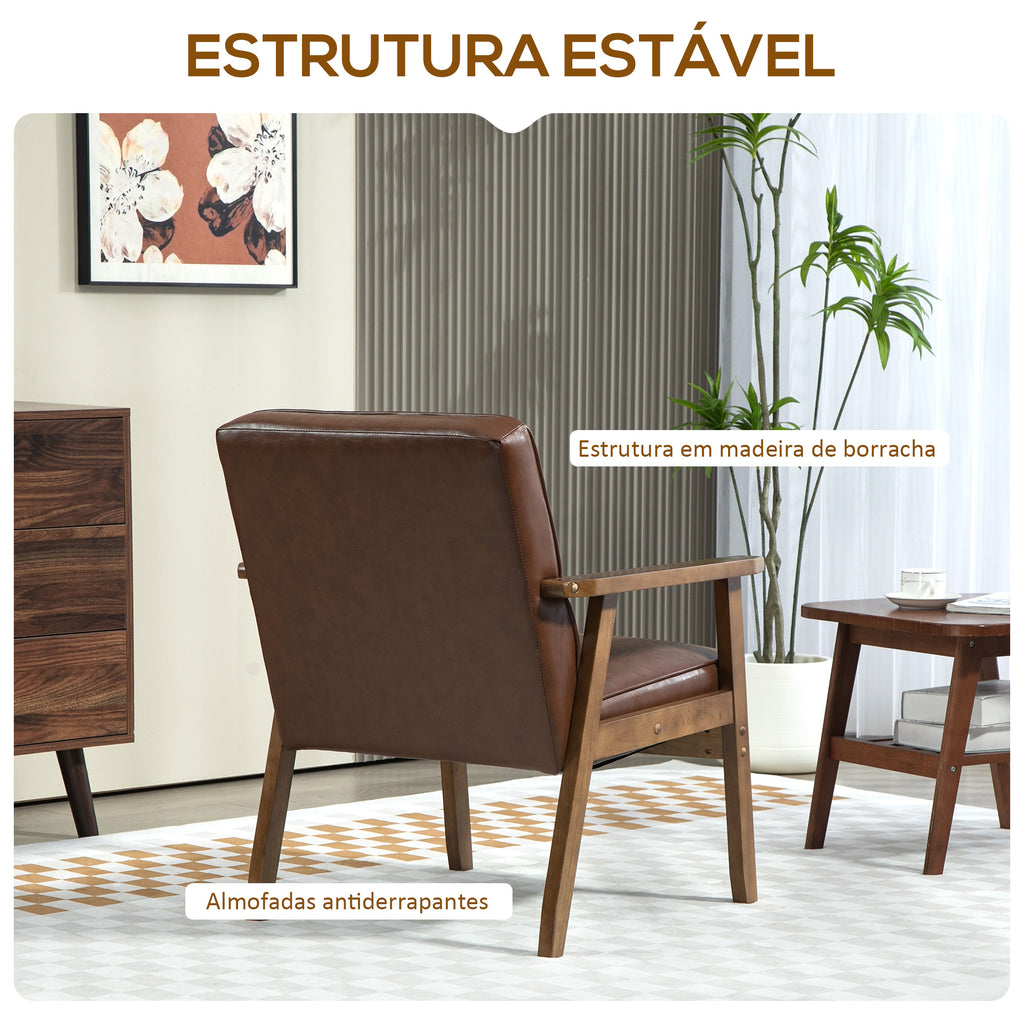 Poltrona Sala de Estar Estofada em PU Poltrona Sala de Estar com Apoio para os Braços e Estrutura de Madeira de Borracha Poltrona para Dormitório Sala de Estar Carga 120 kg 64x66x80 cm Marrom — foto 5