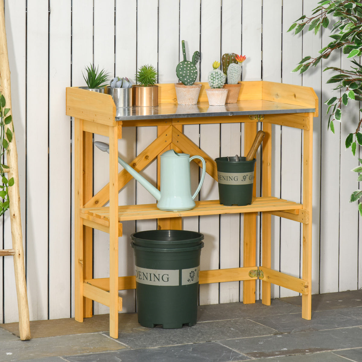 Mesa dobrável para plantio Mesa de madeira para jardinagem com placa de zinco e prateleira para jardim terraço varanda 85x44x89 cm Amarelo — foto 2