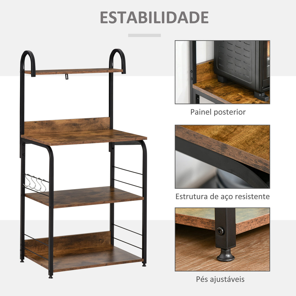 Estante de Cozinha Estante para Microondas com 4 Níveis Ganchos e Pés Ajustáveis Estante de Armazenamento 60x40x125 cm Marrom Rústico — foto 6