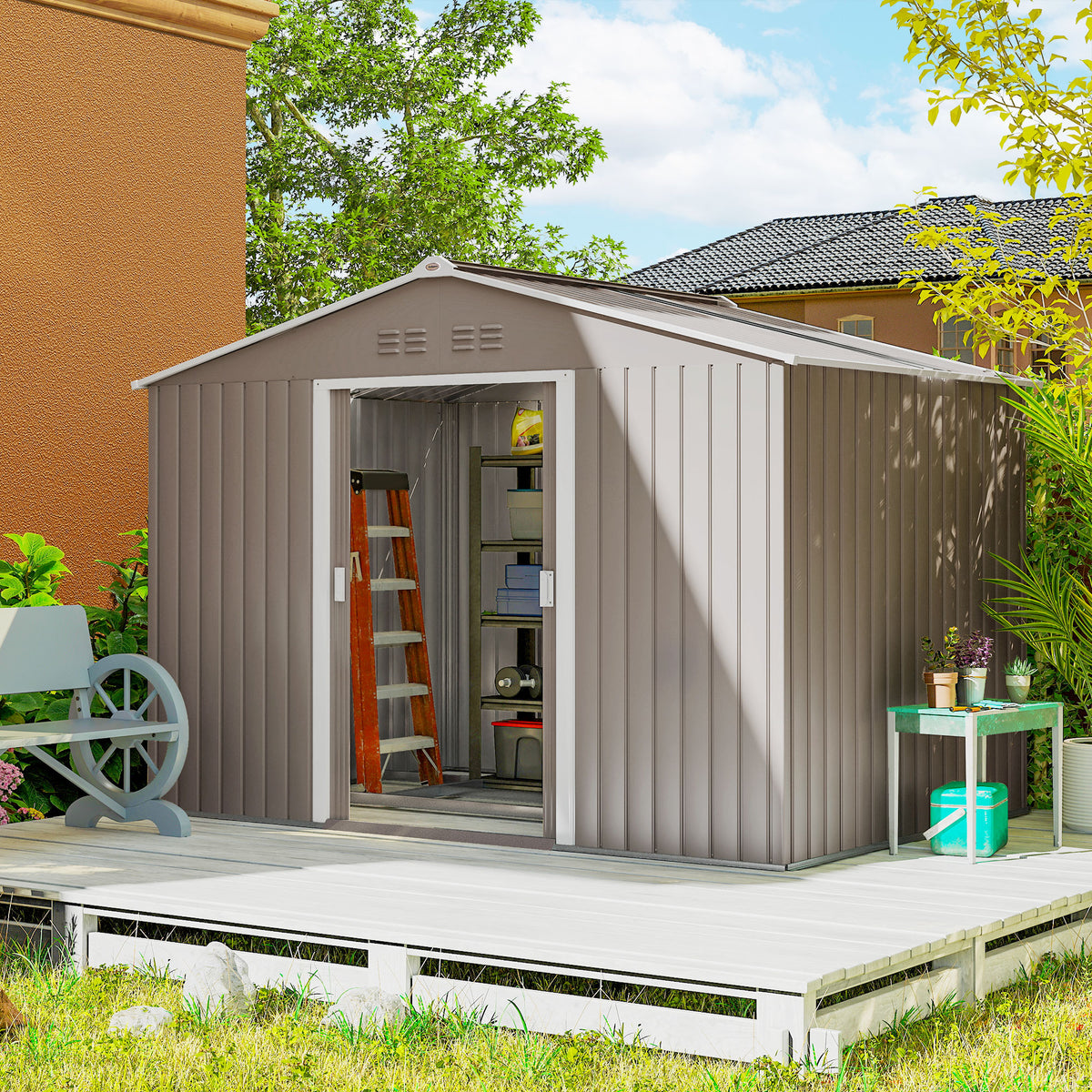 Abrigo de Jardim Exterior Abrigo e Jardim Metálico para Armazenamento de Ferramentas com Base de Reforço Incluída e 4 Janelas 277x195x192 cm Cinzento — foto 2