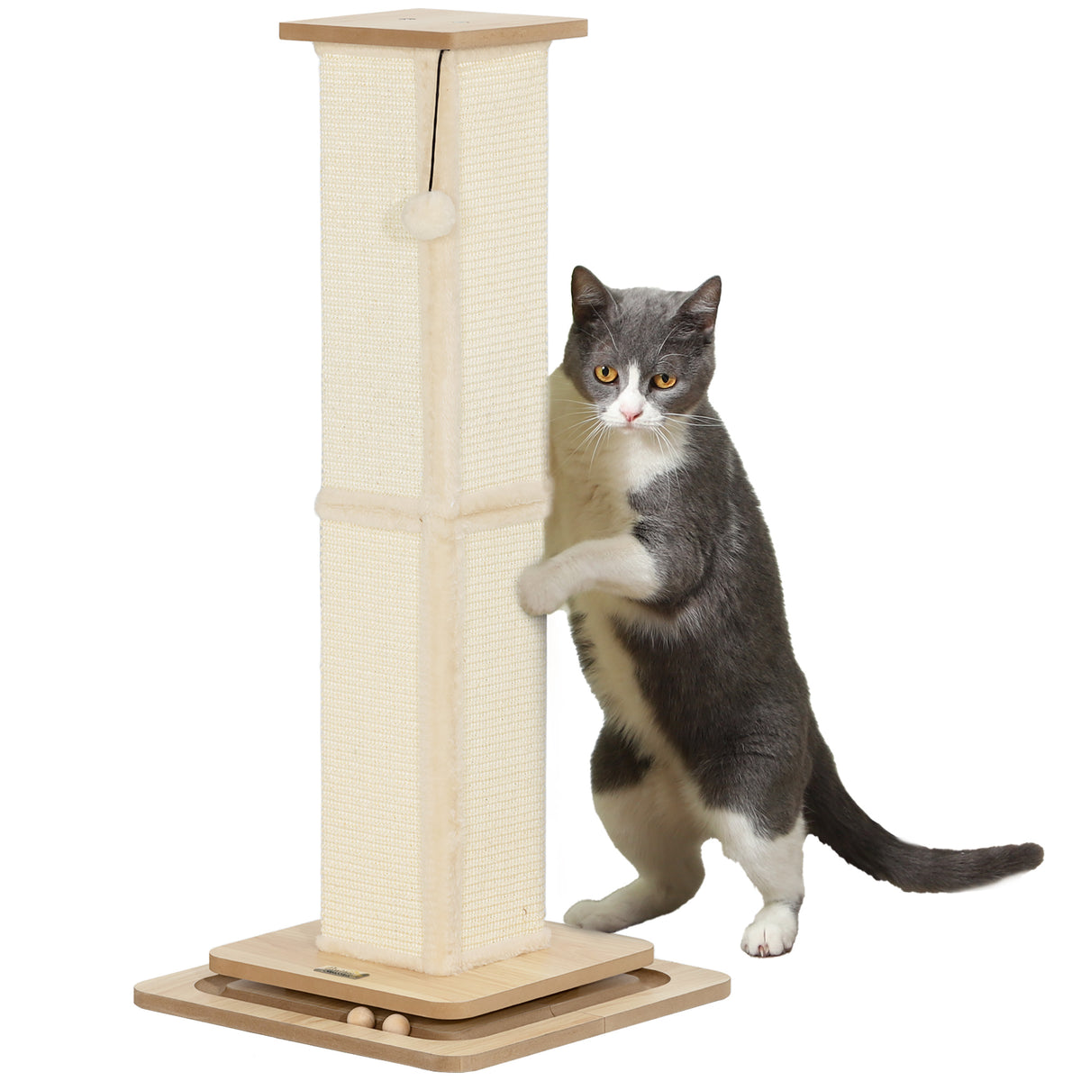 Poste Arranhador para Gatos 87 cm Arranhador para Gatos com Bola Suspensa Trilho com Bola e Poste de Sisal Bege e Madeira — foto 1