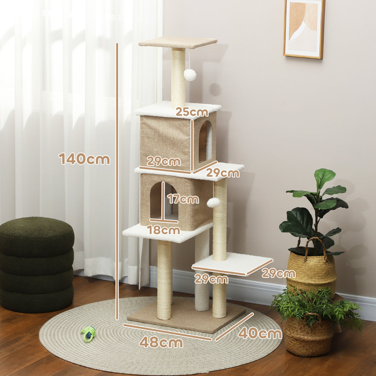 Arranhador para Gatos em Borrego Altura 140 cm Arranhador para Gatos com 2 Cavernas Plataformas Bolas Suspensas e Poste de Sisal Marrom Claro — foto 3