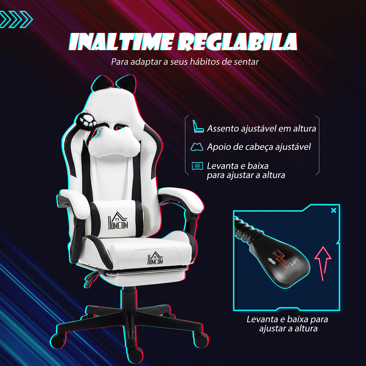 Cadeira Gaming com Orelhas Cadeira Gamer Reclinável com Altura Ajustável Apoio para os Pés Retrátil Suporte Lombar e Apoio para a Cabeça Desmontável Cadeira para Escritório 65x62x116-124 cm Branco — foto 5