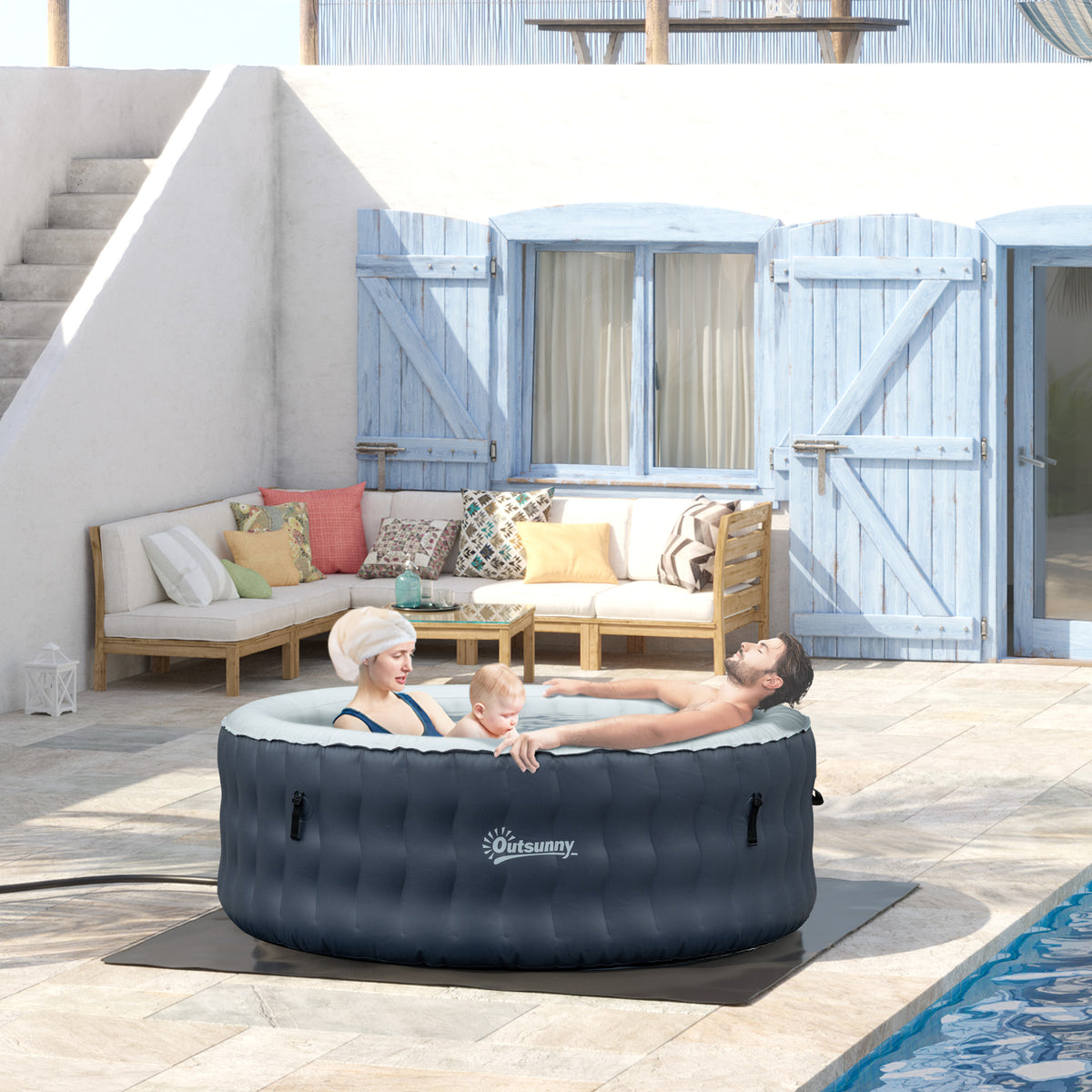 SPA Insuflável Redondo para 2-4 Pessoas 950L Jacuzzi Insuflável Ø195x68cm com 108 Jatos de Massagem Aquecimento Controle Remoto Filtro e Tapete para Exteriores Azul — foto 2