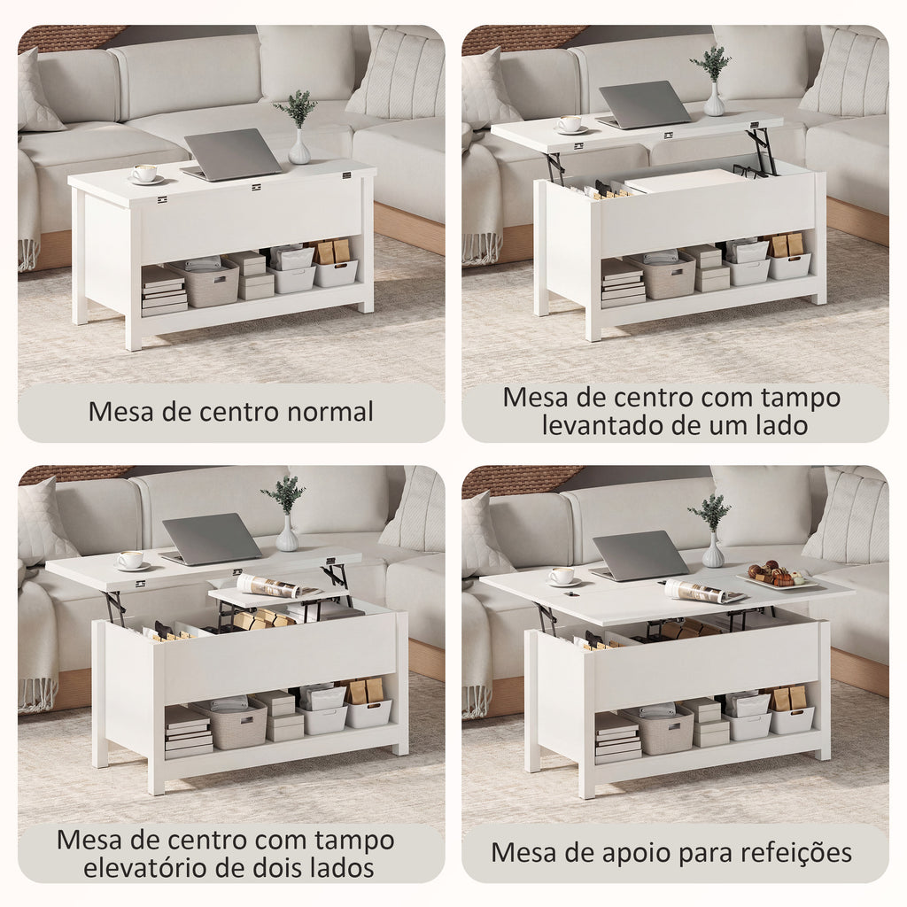 Mesa de Centro Elevatória e Extensível com Compartimentos Ocultos e Prateleira Aberta para Sala de Estar Escritório 100x90x64 cm Branco — foto 4