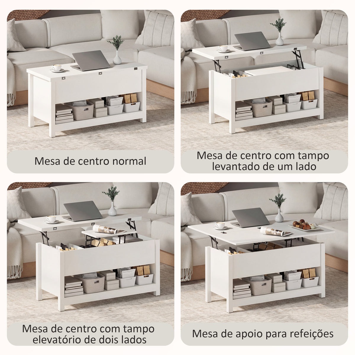Mesa de Centro Elevatória e Extensível com Compartimentos Ocultos e Prateleira Aberta para Sala de Estar Escritório 100x90x64 cm Branco — foto 4