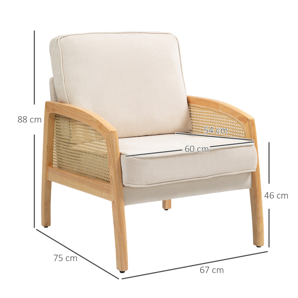 Poltrona Sala de Estar Moderna Poltrona Dormitório com Apoio para os Braços em Vime e Pés de Madeira Sofá Individual Carga 120 kg para Escritório Sala de Estar 67x75x88 cm Bege — foto 3
