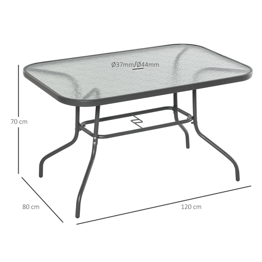 Mesa retangular de metal para jardim Bordas curvas com orifício para guarda-sol Capacidade 70kg Vidro temperado 120x80x70 cm Cinza carvão — foto 3