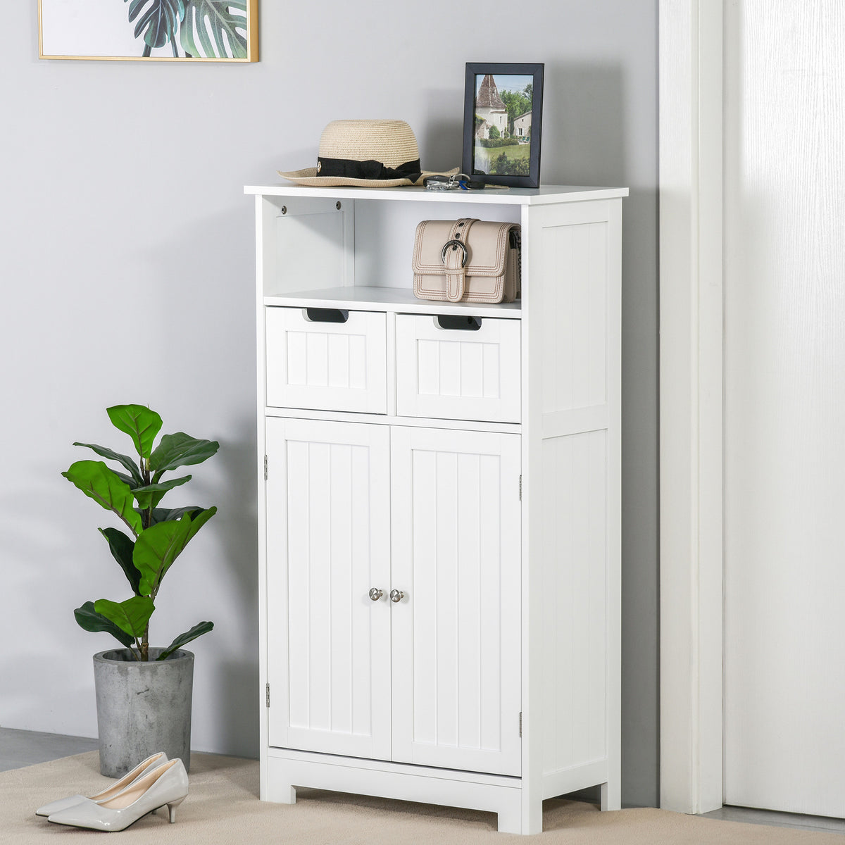 Kleanklin Armário de Casa de Banho com 2 Portas Prateleira Ajustável 2 Gavetas e Compartimento Aberto Móvel Auxiliar de Armazenamento para Sala de Estar Cozinha 60x30x108,8cm Branco — foto 2